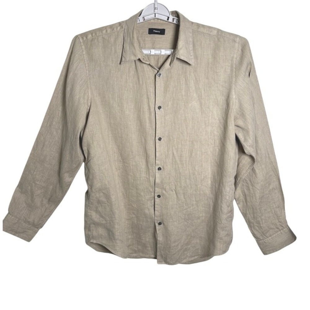 Theory Mens Large Beige Natural Irving Linen Shirt Long Sleeve Casual